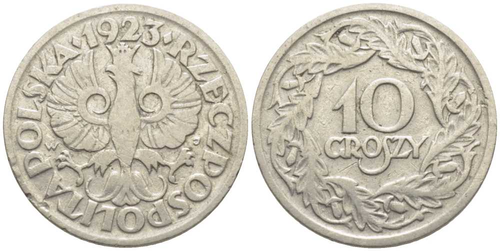 ПОЛЬША 10 ГРОШЕЙ 1923 KM 11 никель 112-622