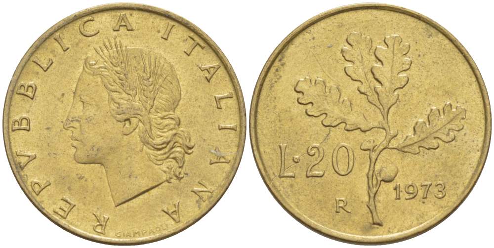 ИТАЛИЯ 20 ЛИР 1973 R, ДУБОВЫЕ ЛИСТЬЯ KM 97.2 алюминиевая бронза 4519-654