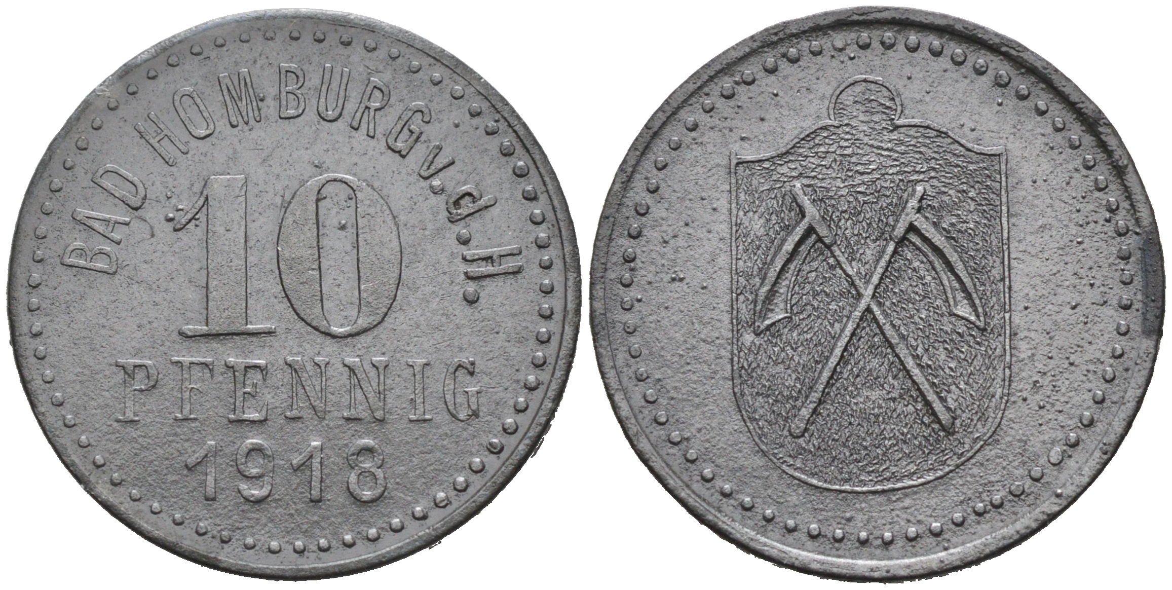 ГЕССЕН-НАССАУ, БАД ХОМБУРГ ХОХЕ 10 ПФЕННИГОВ 1918 НОТГЕЛЬД цинк 75-1426