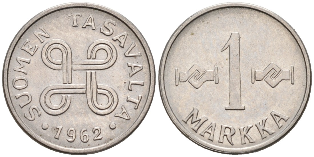 ФИНЛЯНДИЯ 1 МАРКА 1962 KM 38а железо плакированное никелем 192-1219