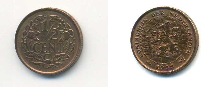 НИДЕРЛАНДЫ 1/2 ЦЕНТА 1938 ВИЛЬГЕЛЬМИНА (1890-1948) KM 138 бронза 83-832