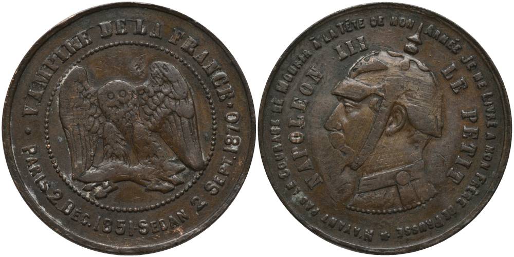 ФРАНЦИЯ МЕДАЛЬ 1870 САТИРИЧЕСКАЯ МЕДАЛЬ НАПОЛЕОНА III, НЕСЧАСТНЫЙ ВАМПИР ФРАНЦИИ 2 ДЕКАБРЯ 1851 - 2 СЕНТЯБРЯ 1870, ДИАМЕТР 32 ММ. бронза 69-912