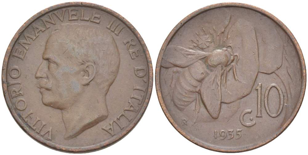 ИТАЛИЯ 10 ЧЕНТЕЗИМО 1935 R, МОНДВОР РИМ, ВИКТОР ЭММАНУИЛ III (1900-1946) KM 60 медь 4525-325