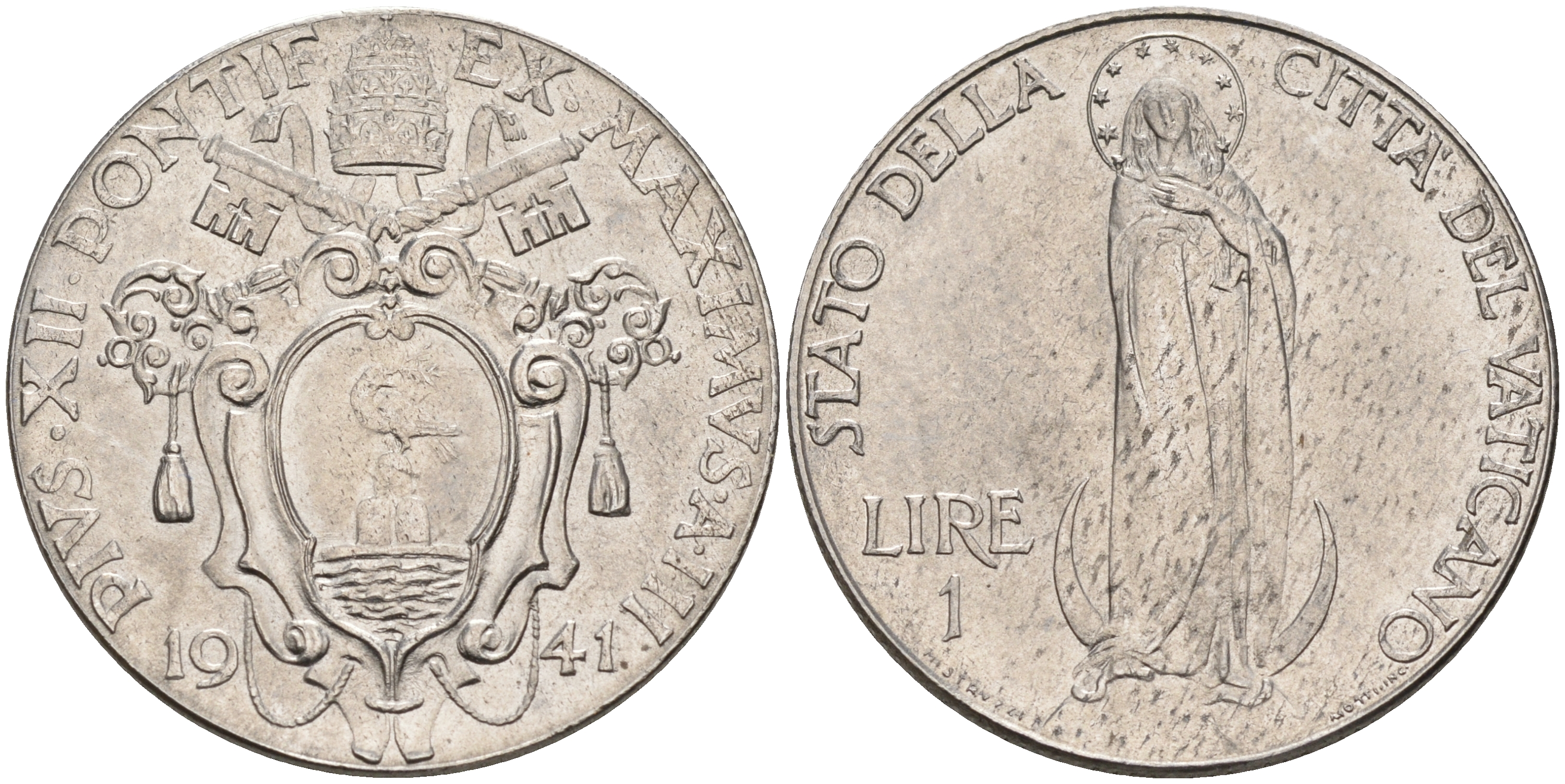 Ватикан 1 лира 1941 Пий XII, Дева Мария KM 26 a сталь UNC 63-943