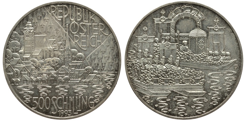 Австрия 500 шиллингов 1993 Гальштат и район озер KM 3011 серебро UNC 413-4532