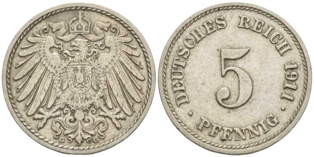 Германия 5 пфеннигов 1911 G KM 11, Jager 12, Weege 6 медно-никель 105-147
