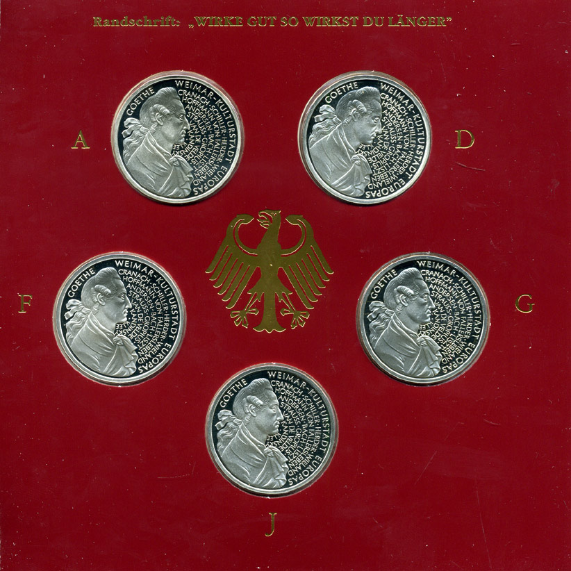 ФРГ набор из 5 штук по 10 марок 1999 A, D, F, G, J, 250 лет со дня рождения Иоганна Гете KM 197 серебро PROOF 6-5-2-6