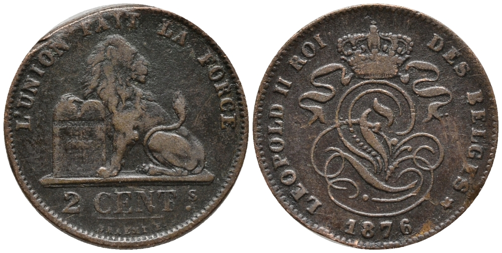 Бельгия 2 сантима 1876 Belges, Леопольд II (1865-1909) KM 35.1 медь 34-1116