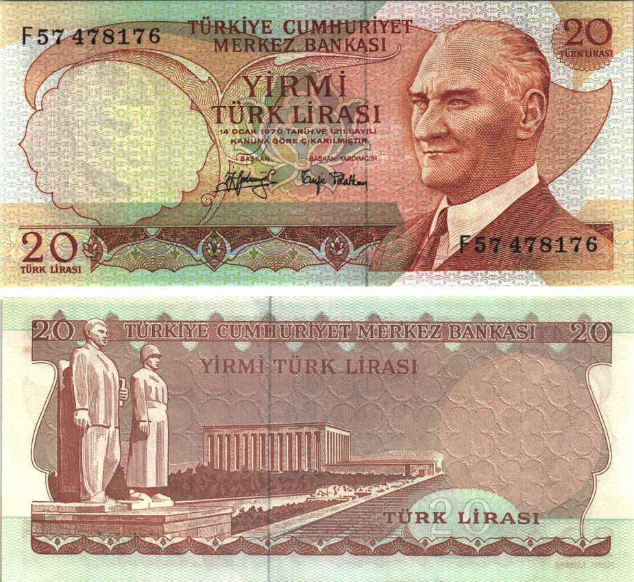 ТУРЦИЯ 20 ЛИР 1974 ЧЕРНАЯ ПОДПИСЬ, ПРЕЗИДЕНТ КЕМАЛЬ АТАТЮРК, МАВЗОЛЕЙ АТАТЮРКА В АНКАРЕ Pick 187а бумага UNC (ПРЕСС) 6289-37-3-2