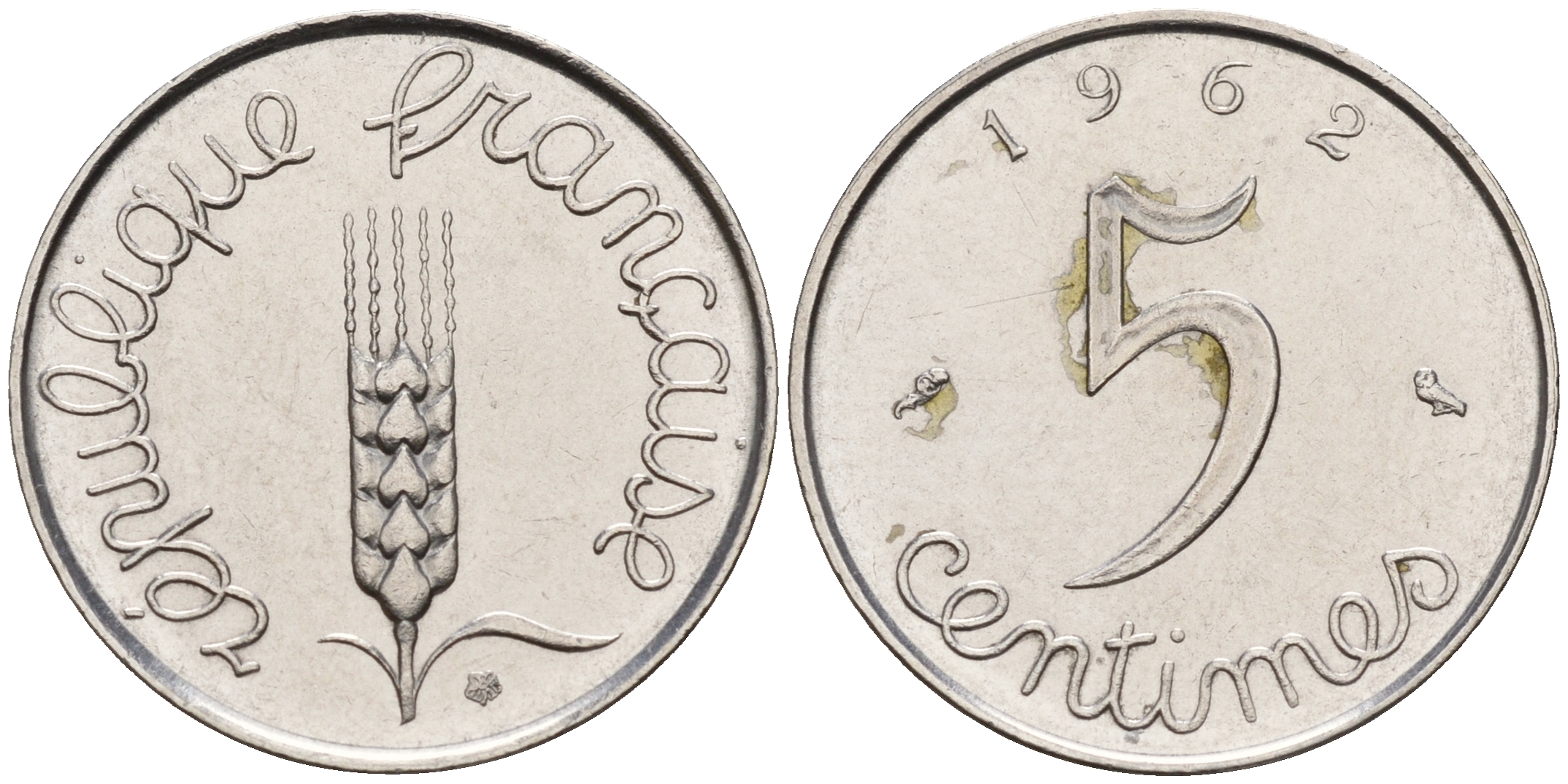 Франция 5 сантимов 1962  KM 927 хромированная сталь    4152-1216