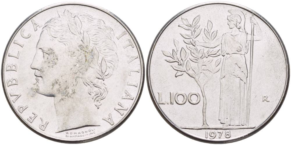 ИТАЛИЯ 100 ЛИР 1978 R, АФИНА У ОЛИВКОВОГО ДЕРЕВА KM 96.1 нержавеющая сталь 4545-715
