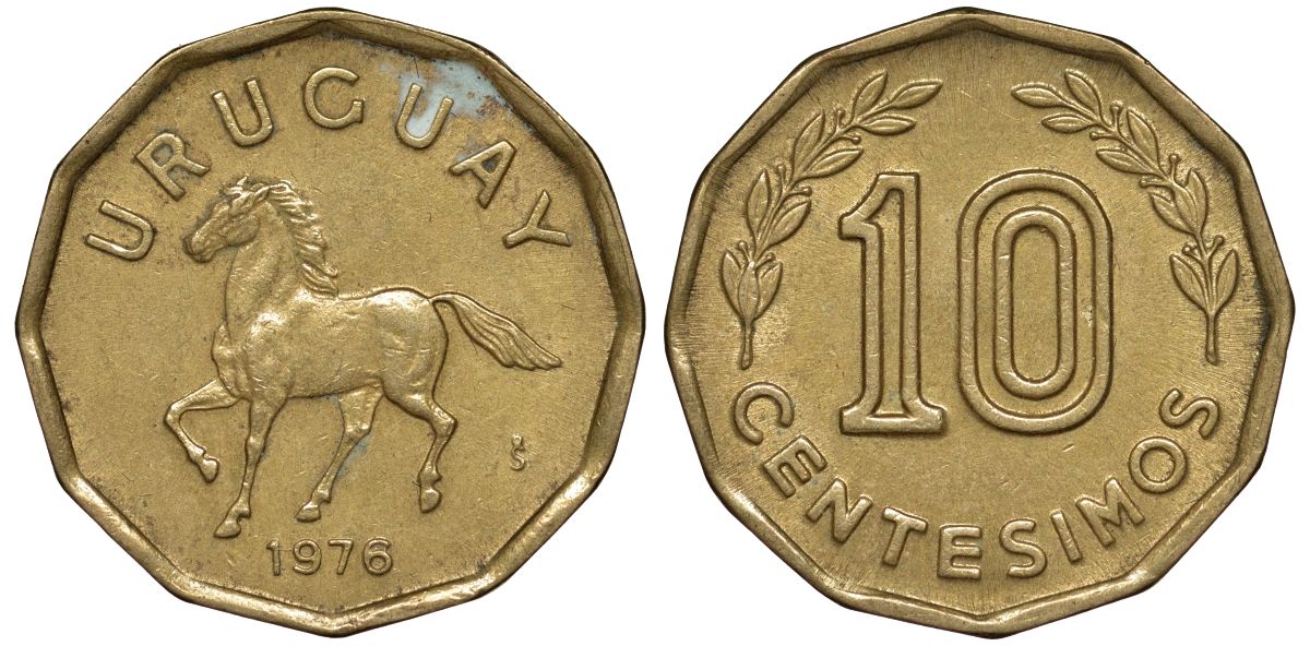 Уругвай 10 сентесимо 1976 KM 66 алюминиевая бронза 4164-619