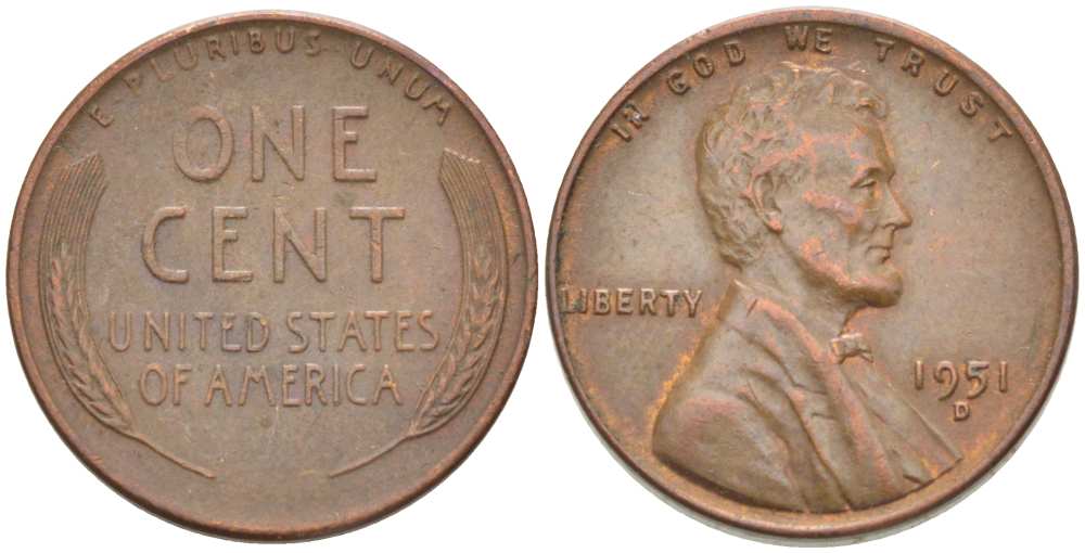 США 1 ЦЕНТ 1951 D, ЛИНКОЛЬН KM А132 медь цинк 218-554