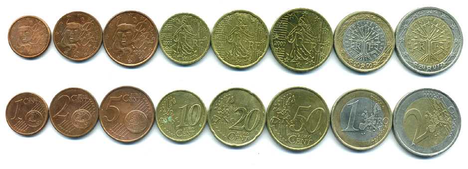 Франция евронабор из 8 монет 1999-2004 (1, 2, 5, 10, 20, 50 ЕВРОЦЕНТОВ, 1, 2 ЕВРО) KM 1282, 1283, 1284, 1285, 1286, 1287, 1288, 1289 N5-61