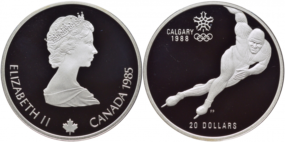 Канада 20 долларов 1985 XV зимние Олимпийские игры в Калгари 1988 года, конькобежец KM 146 серебро PROOF 04-102-32