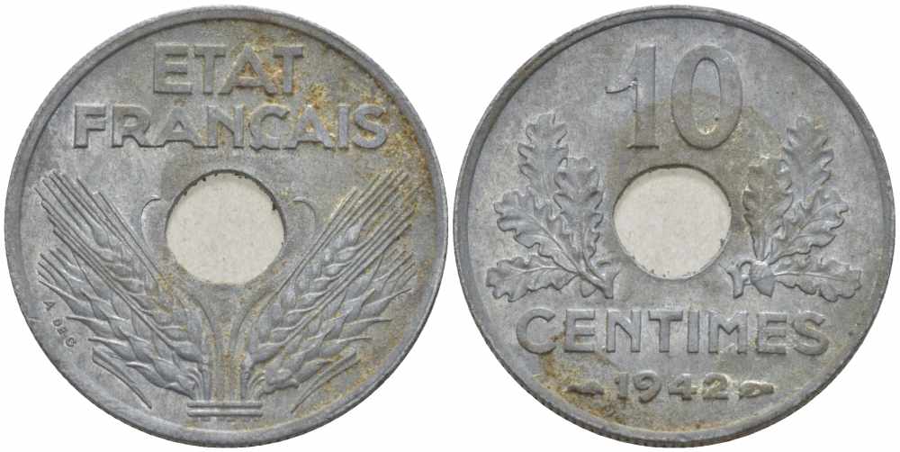 ФРАНЦИЯ 10 САНТИМОВ 1942 ДИАМЕТР 21,3 ММ., ПРАВИТЕЛЬСТВО ВИШИ KM 898.2, LE FRANC 141.3 цинк 108-242