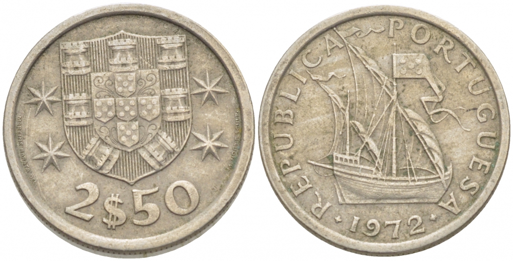 ПОРТУГАЛИЯ 2,5 ЭСКУДО 1972 ПАРУСНИК KM 590 медно-никель 3718-316