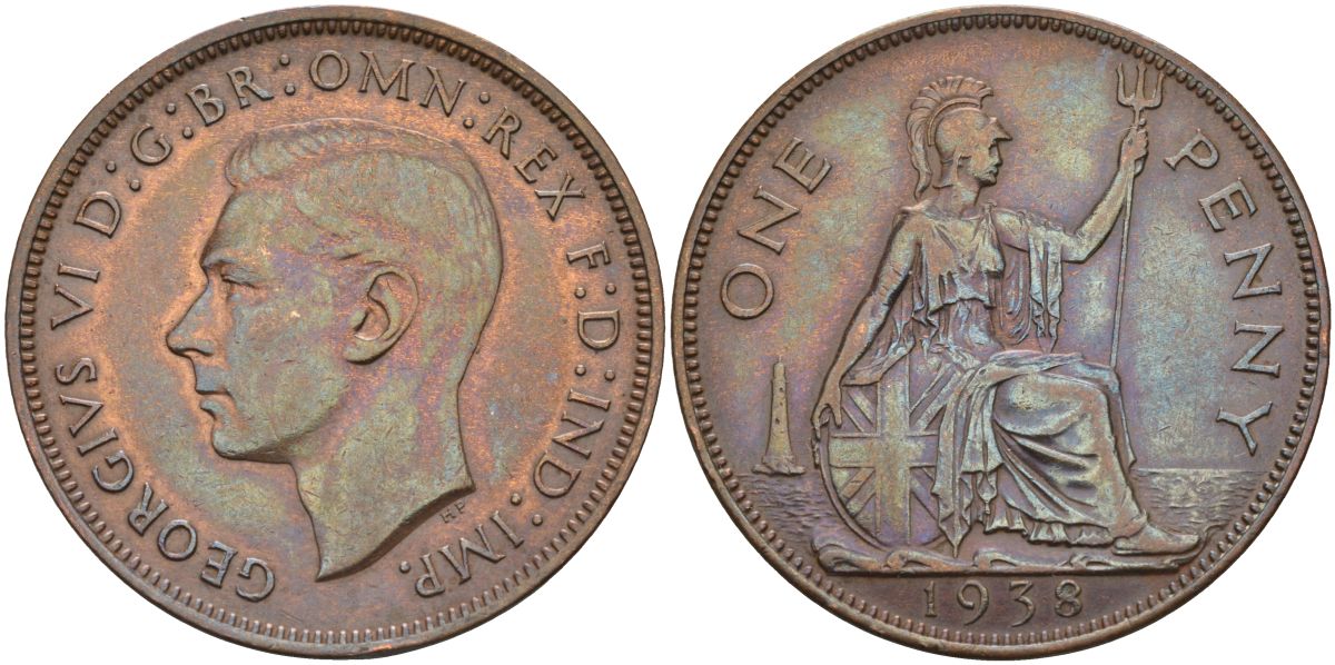 Великобритания 1 пенни 1938 Георг VI (1936-1952) KM 845, Spink 4114 бронза 4117-834