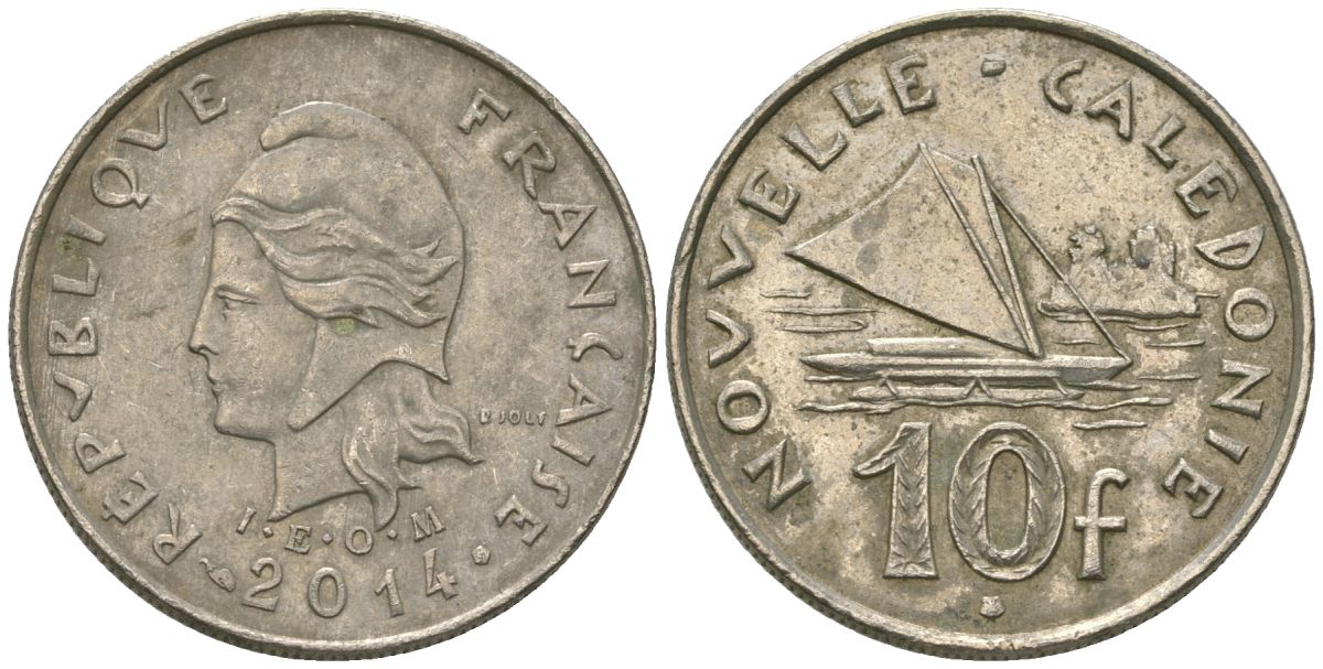 Французская Новая Каледония 10 франков 2014 рыбачья парусная лодка, (IEOM) KM 11a, Schoen 13a, Lec 99k медно-никель 67-1111