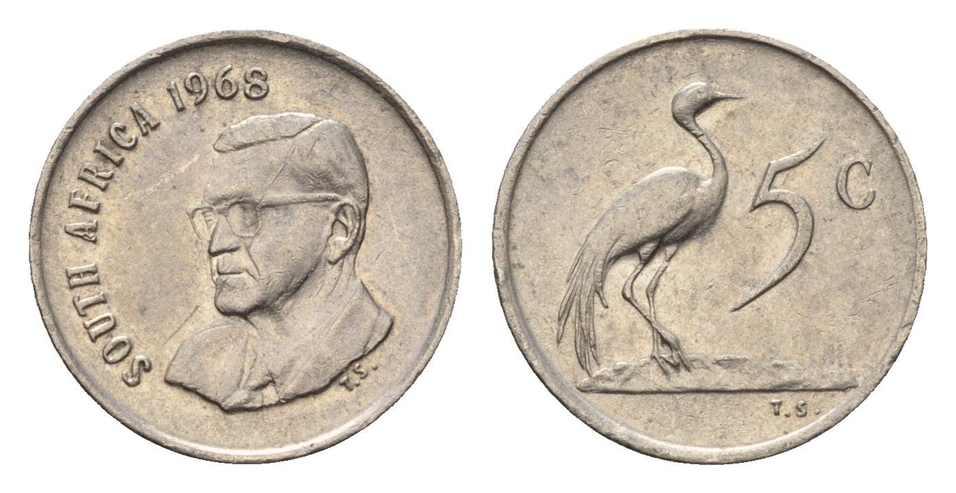 ЮАР 5 центов 1968 Окончание президентства Чарльза Сварта, South Africa, легенда на английском KM 76.1 никель 4694-344