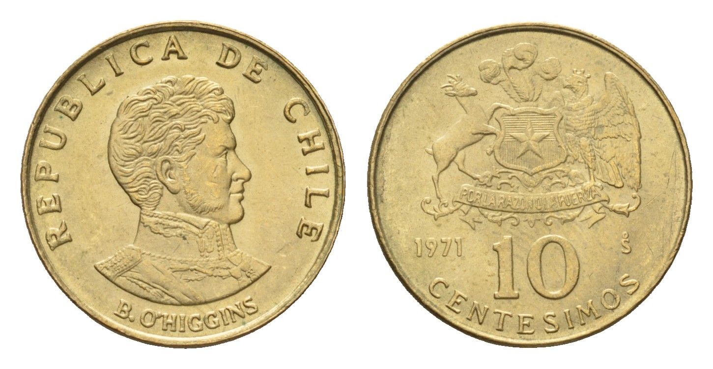 Чили 10 сентесимо 1971 год-тип KM 194 алюминиевая бронза UNC 4689-132