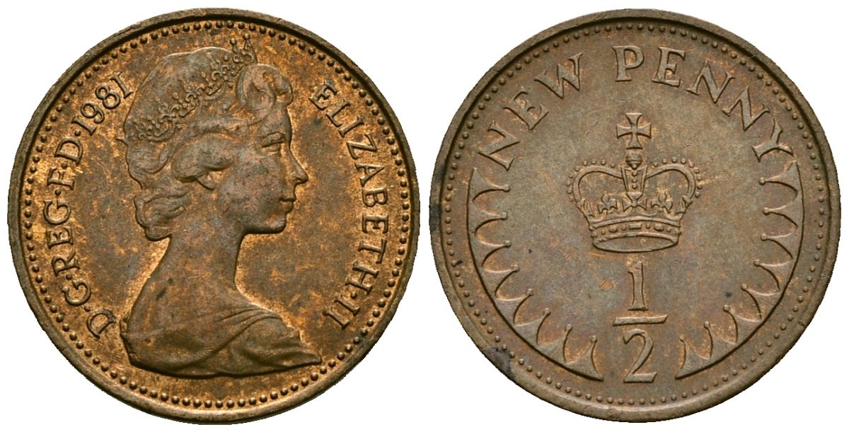 Великобритания 1/2 пенни 1981 Елизавета II (1952-2022) KM 914, Spink 4239 бронза 4173-822