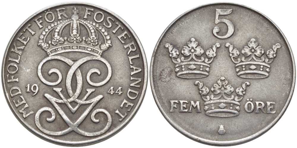 Швеция 5 эре 1944 Густав V (1907-1950) KM 812 железо 115-914