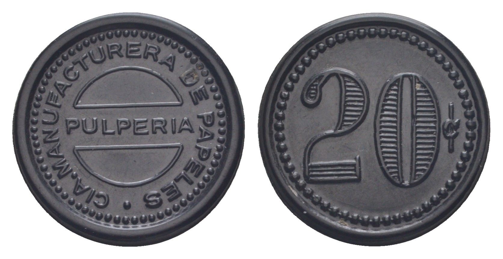 Чили шахтерский жетон с рудника Каличе (для добычи нитрата натрия) для покупки в местных магазинах (Pulperia), номиналом в 20 сентаво 1880-1920 диаметр 26 мм, вес 1,45 гр не описан в Espinosa эбонит (черный) 1087-10-55