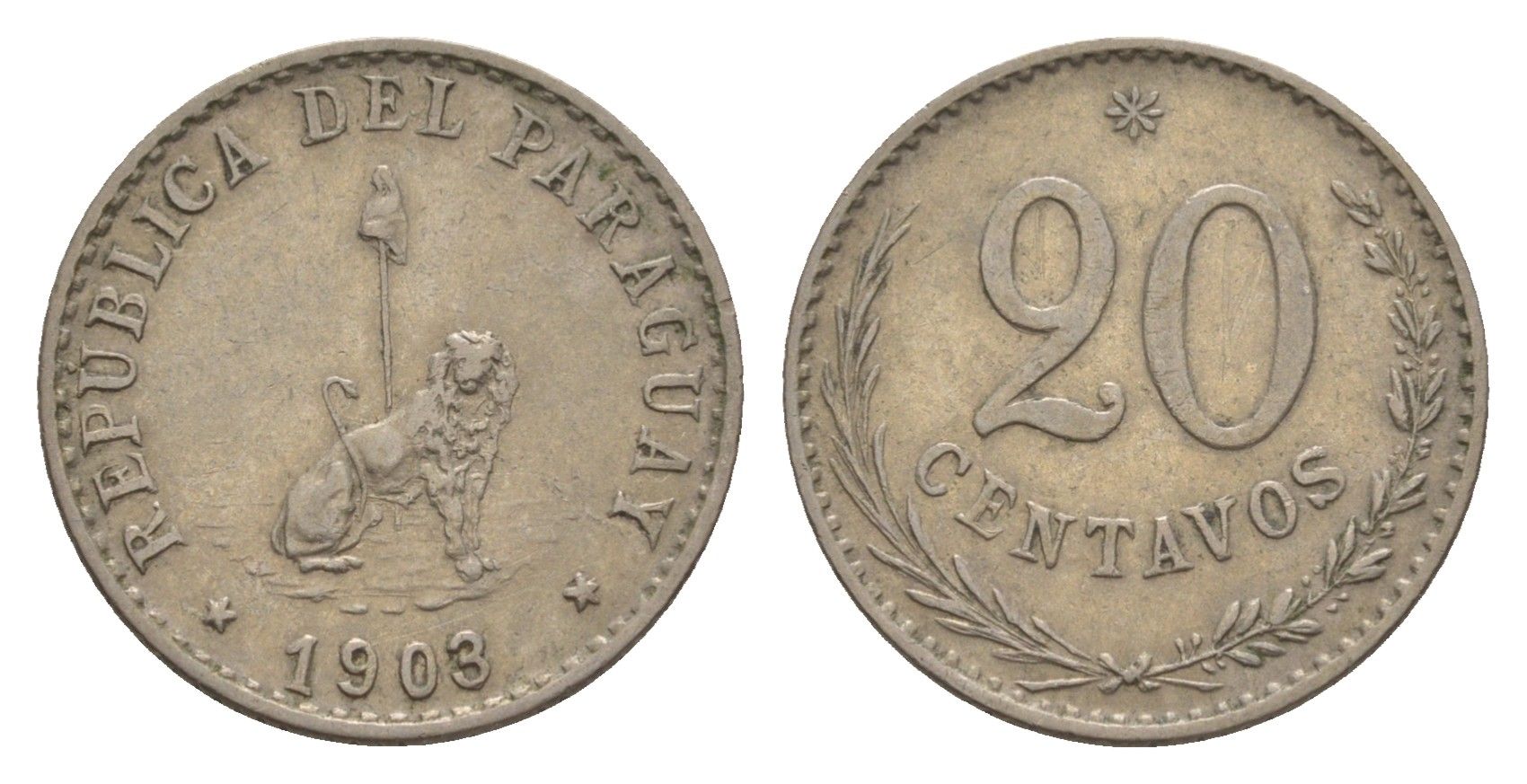 Парагвай 20 сентаво 1903 KM 8 медно-никель 1519-1225