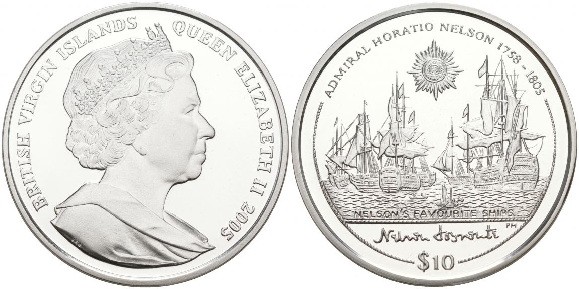 Британские Виргинские острова 10 долларов 2005 любимые корабли адмирала Нельсона серебро PROOF 02-012-24