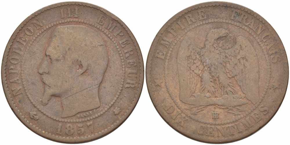 Франция 10 сантимов 1857 BB, Наполеон III (1852-1870) KM 771.3, Le Franc 133.41 бронза    4680-643