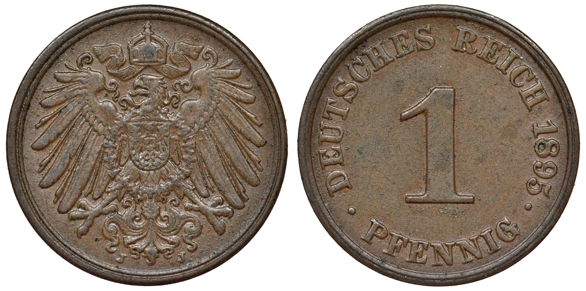 Германия 1 пфенниг 1895 J, цена по каталогу МТ 50 евро KM 10, J. 10 медь aUNC 71-1022