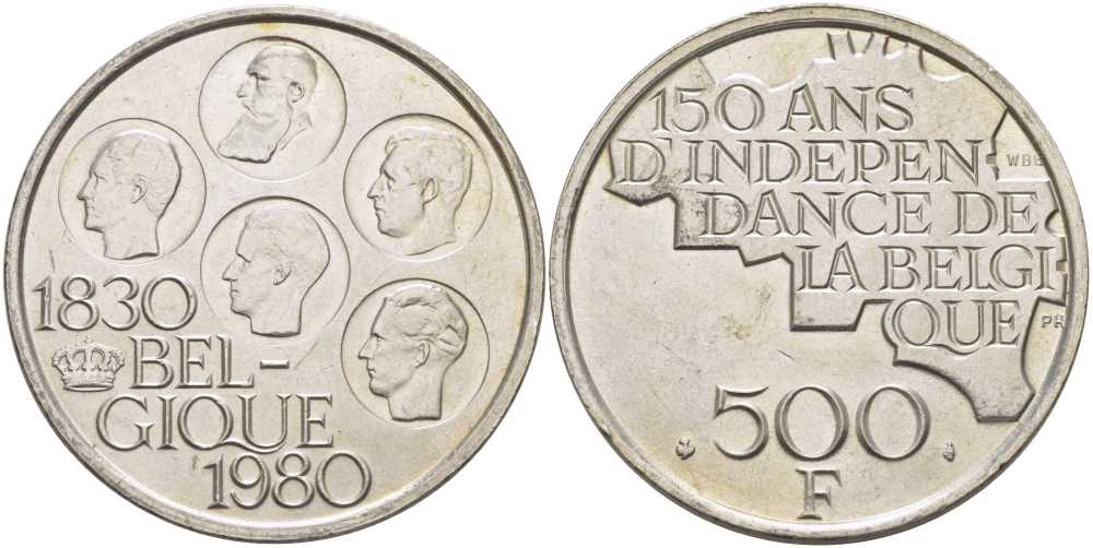 Бельгия 500 франков 1980 150 лет независимости, Belgique, Бодуэн I (1951-1993) KM 161 медно-никель покрытый серебром 37-424