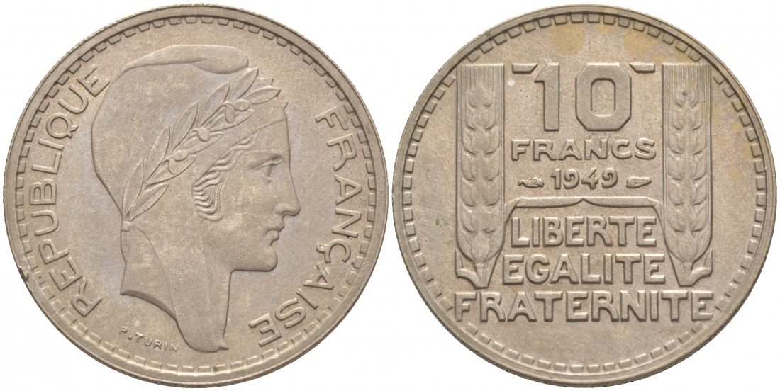 Франция 10 франков 1949 тип Пьер Турин KM 909.1, LE FRANC 362.6 медно-никель 186-353