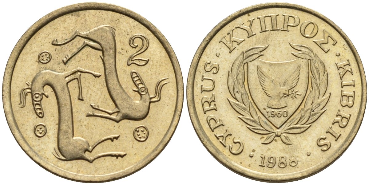 Кипр 2 цента 1988 KM 54.2 никель латунь 4174-1243