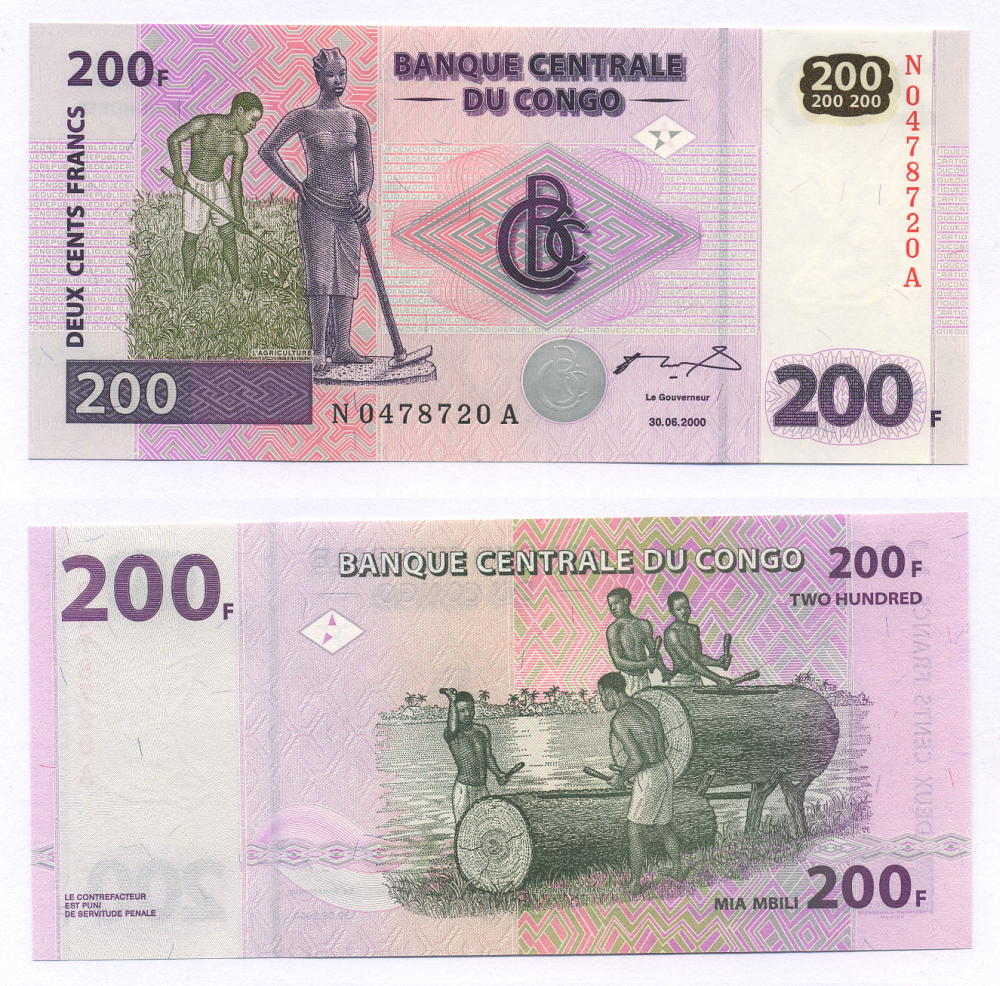 КОНГО 200 ФРАНКОВ 2000 (2006) СЕРИЯ N-A Pick 95A бумага UNC (ПРЕСС) 7222-58-3