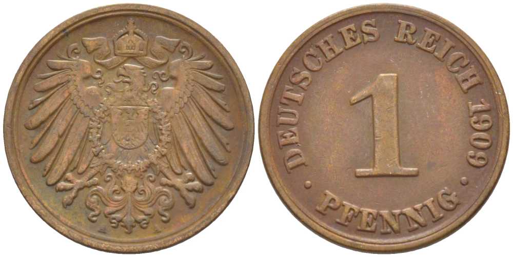 ГЕРМАНИЯ 1 ПФЕННИГ 1909 A KM 10, J. 10, Weege 2 медь 211-418