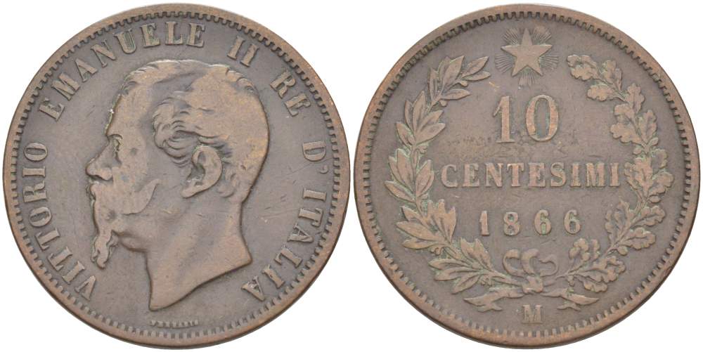 ИТАЛИЯ 10 ЧЕНТЕЗИМО 1866 M, МОНДВОР МИЛАН, ВИКТОР ЭММАНУИЛ II (1861-1878) KM 11.1 медь 4526-745