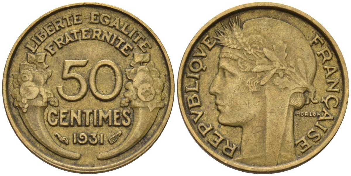 Франция 50 сантимов 1931 KM 894.1, Le Franc 192.15 алюминиевая бронза 4596-735