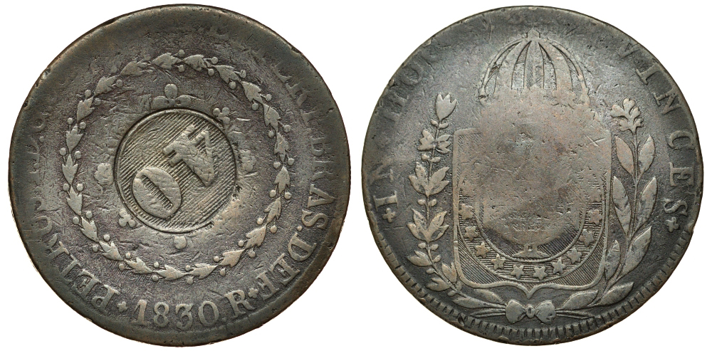 Бразилия 40 рейс 1835 провинция ICO, надчеканка на 1830 KM 444.1 медь 1517-1523