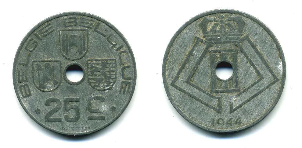 БЕЛЬГИЯ 25 САНТИМОВ 1944 BELGIE-BELGIQUE, ГЕРМАНСКАЯ ОККУПАЦИЯ, ВТОРАЯ МИРОВАЯ ВОЙНА KM 132 цинк 86-1233