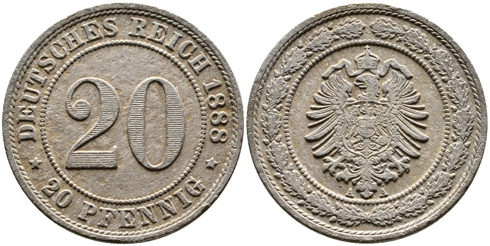 ГЕРМАНИЯ 20 ПФЕННИГОВ 1888 A KM 9.1 медно-никель 89-1612