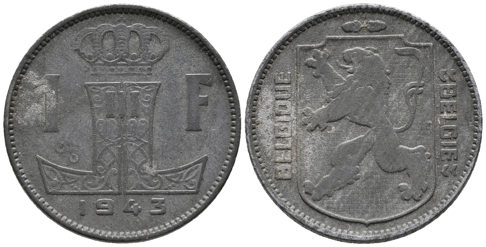 БЕЛЬГИЯ 1 ФРАНК 1943 BELGIQUE-BELGIE KM 127 цинк 34-1134