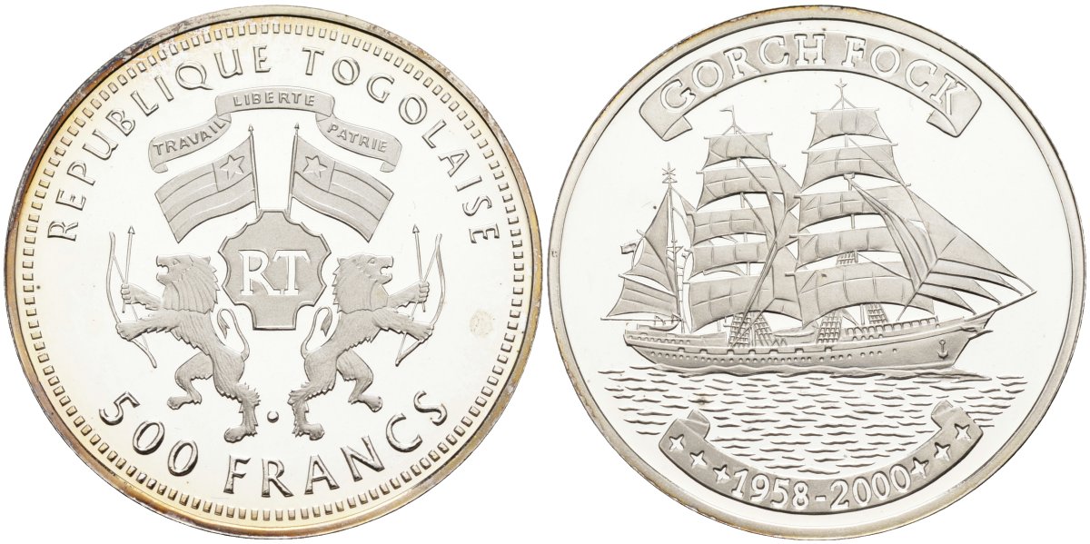 Того 500 франков 2000 парусник "Gorch Fock" (Товарищ), тираж 5000 экз. KM 18 серебро PROOF 04-318-15