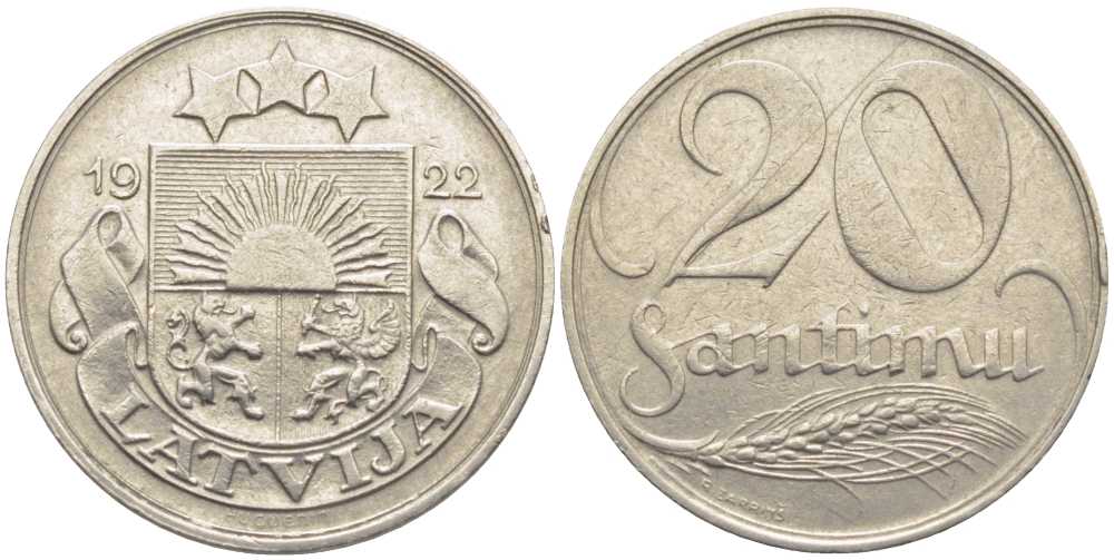Латвия 20 сантимов 1922 первая Республика (1918-1939) KM 5 никель 119-151