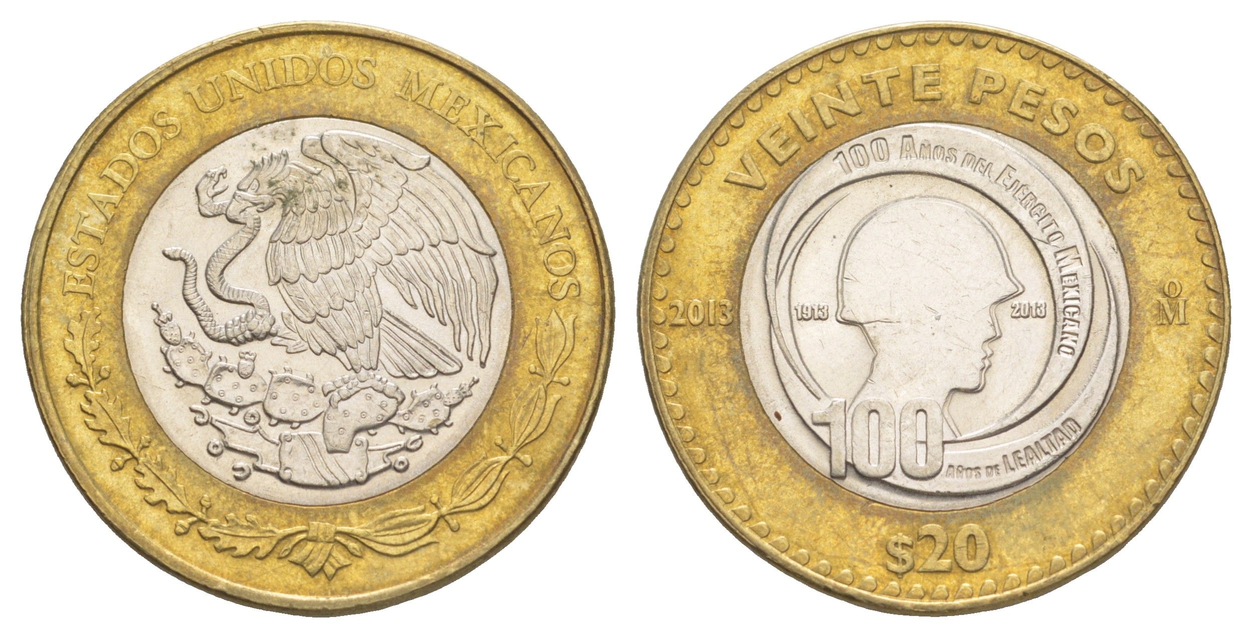 Мексика 20 песо 2013 100 лет Мексиканской армии KM 969 биметалл aUNC 4634-242