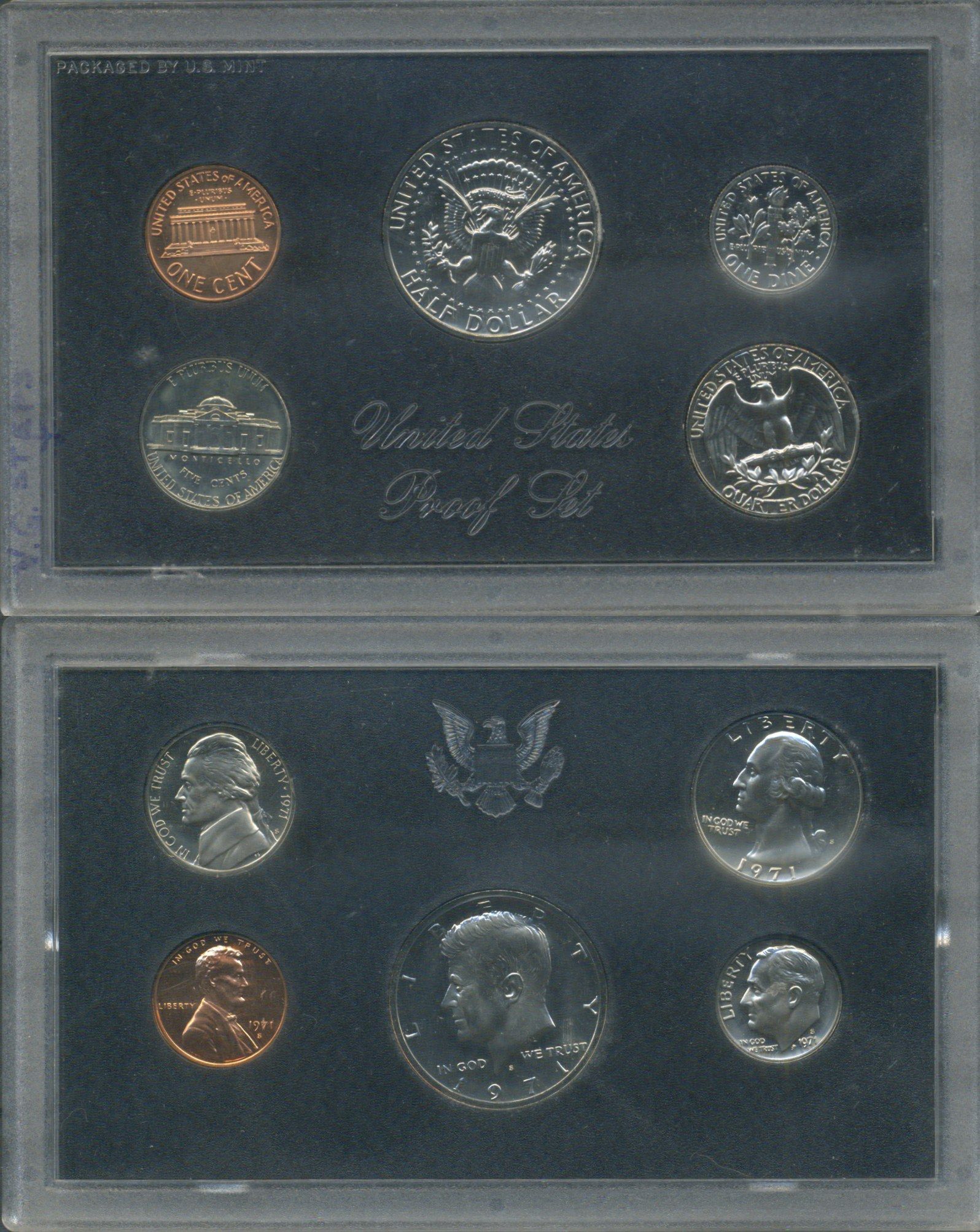 США набор из 5 монет (1, 5, 10 (дайм), 25 (квотер, 1/4 доллара) и 50 (1/2 доллара) центов) 1971 в оригинальной упаковке KM PS132 (164a, A192, 195a, 201 и 202b) PROOF 8-2-06-79