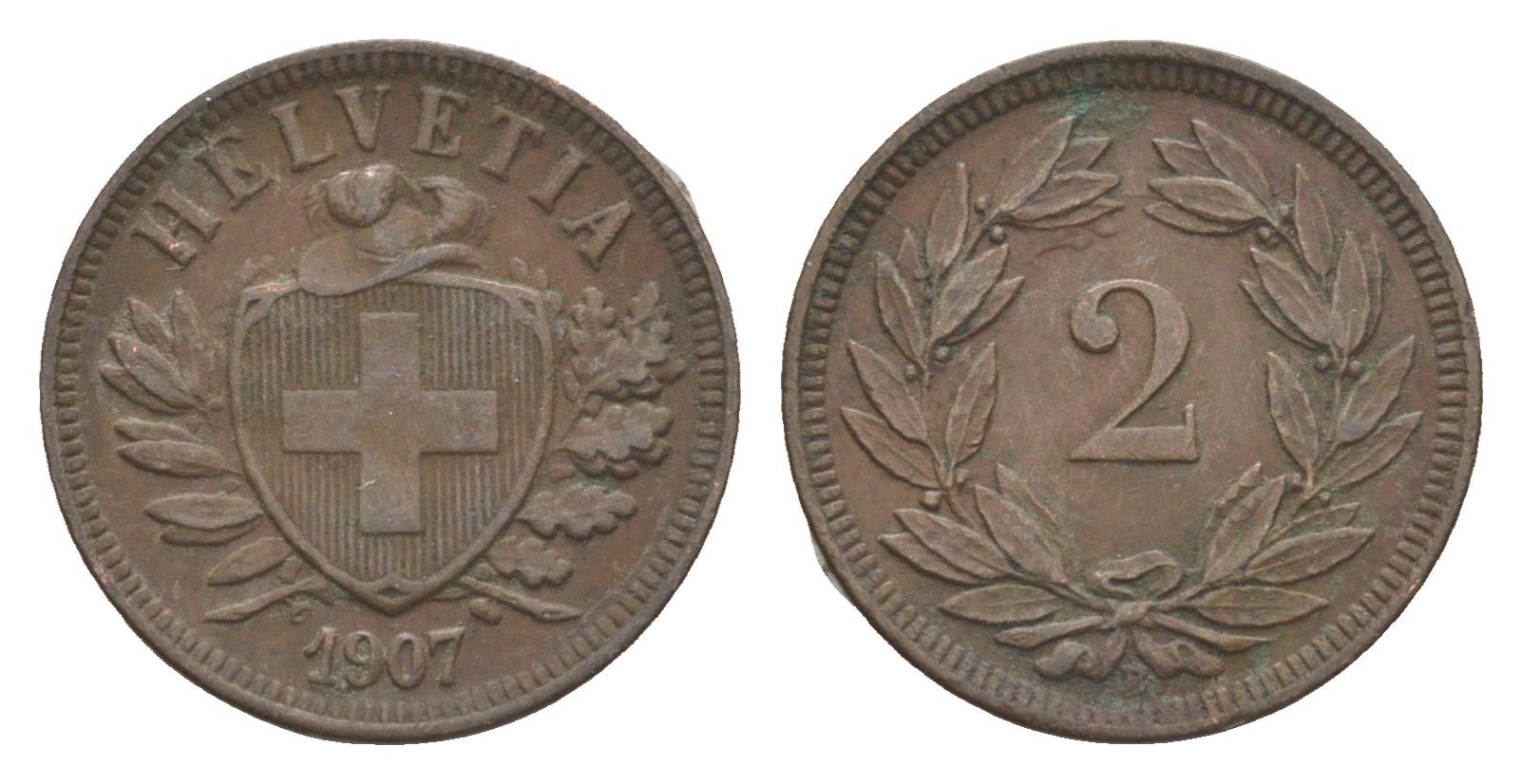 Швейцария 2 раппена 1907 B KM 4 бронза 4649-545