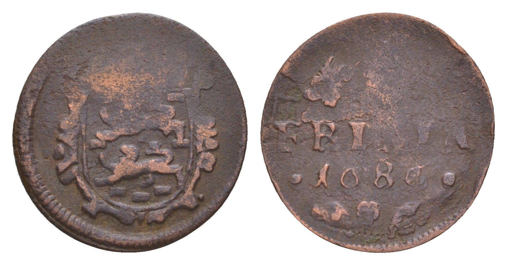 Нидерланды, Голландская Республика, Фрисландия 1 дуит 1686 KM 61 медь 4655-557