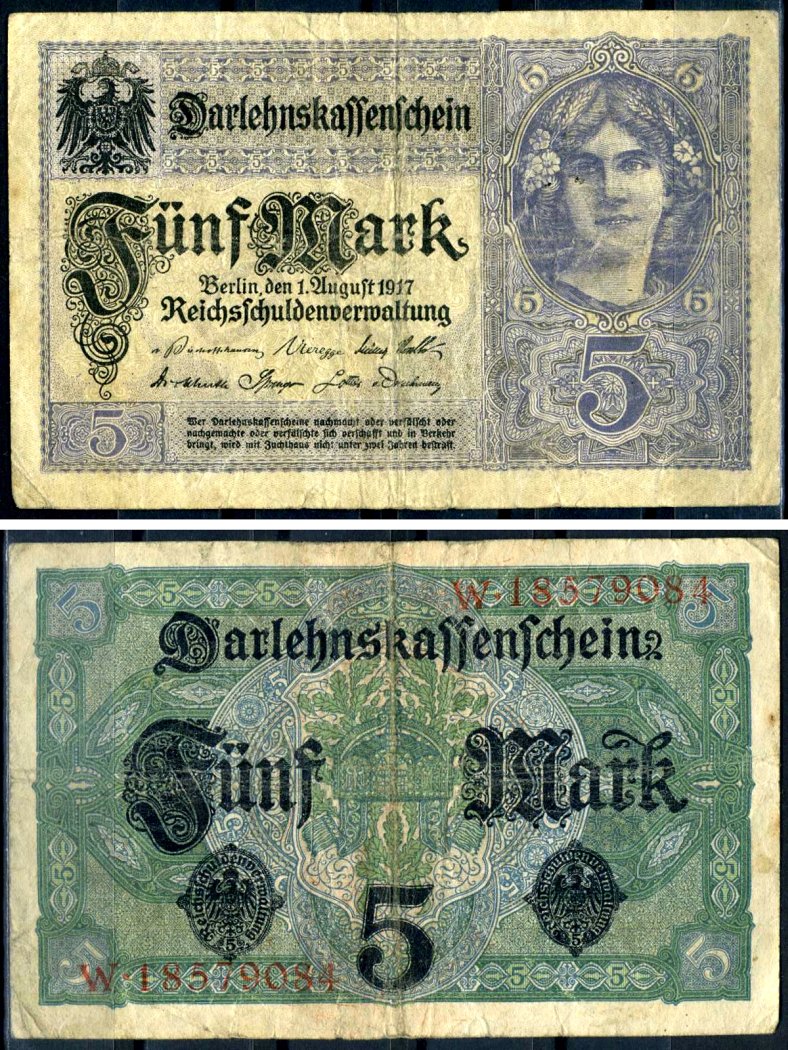 Германия 5 марок 1917 8 значный номер Pick 56 b бумага 8595-47-2-2